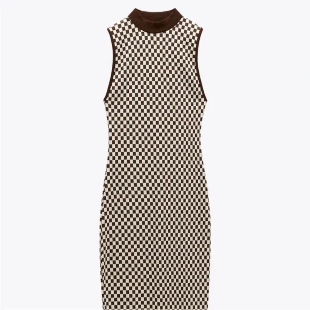 Zara Brown and White Checkered Midi Contour Dress